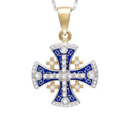 Jerusalem Cross Pendant Yellow & White Gold With Diamonds and Blue Enamel