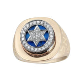 14K Yellow Gold Star of David Ring with 37 Diamonds & Blue Enamel - bluewhiteshop