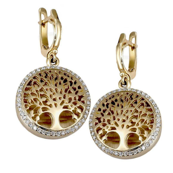 14K Yellow Gold Tree of Life Diamond Earrings from Jerusalem - bluewhiteshop