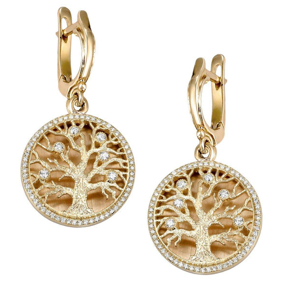 14K Yellow Gold Tree of Life Diamonds Earrings Jewelry Jerusalem - bluewhiteshop