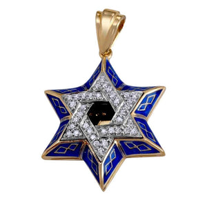 36 Diamonds 14K Gold Star of David necklace with Blue Enamel - bluewhiteshop
