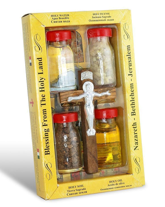 5 Items Christian Set - Crucifix, olive oil, Holy Water, Holy Soil and Frankincense - bluewhiteshop