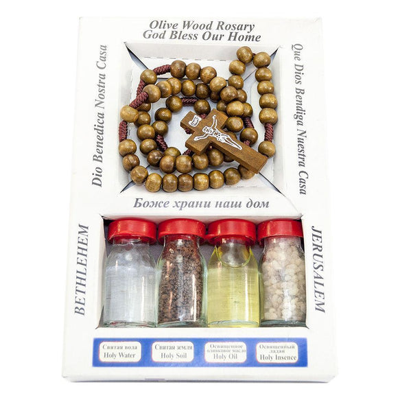 5 Items Christian Set - Rosary, olive oil, Holy Water, Holy Soil and Incense - bluewhiteshop