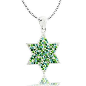 925 Silver Pendant Magen David inlaid with Crystals in Green and White Tones Handmade Inlay - bluewhiteshop