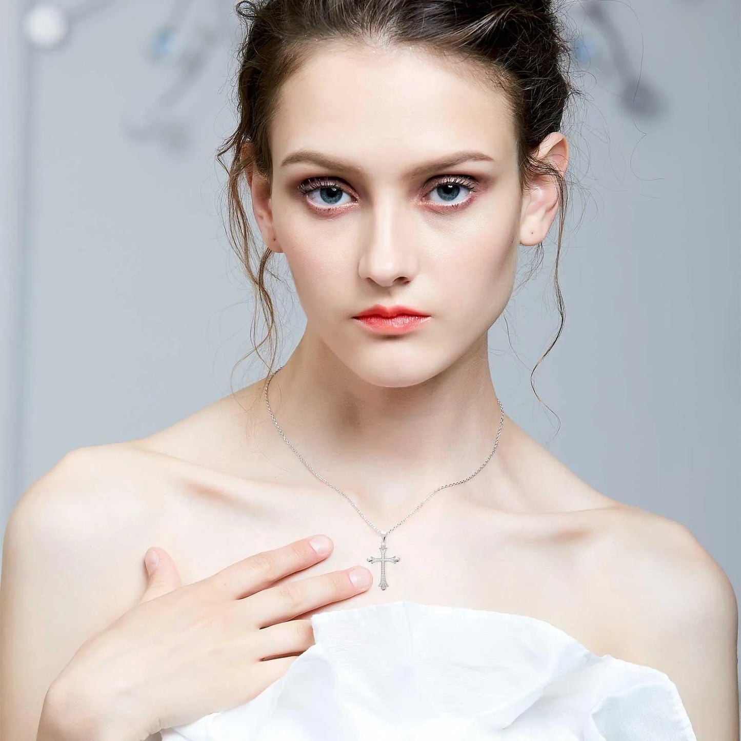 925 Sterling Silver Cross Pendant Decorated with CZ Simulated Diamonds - bluewhiteshop