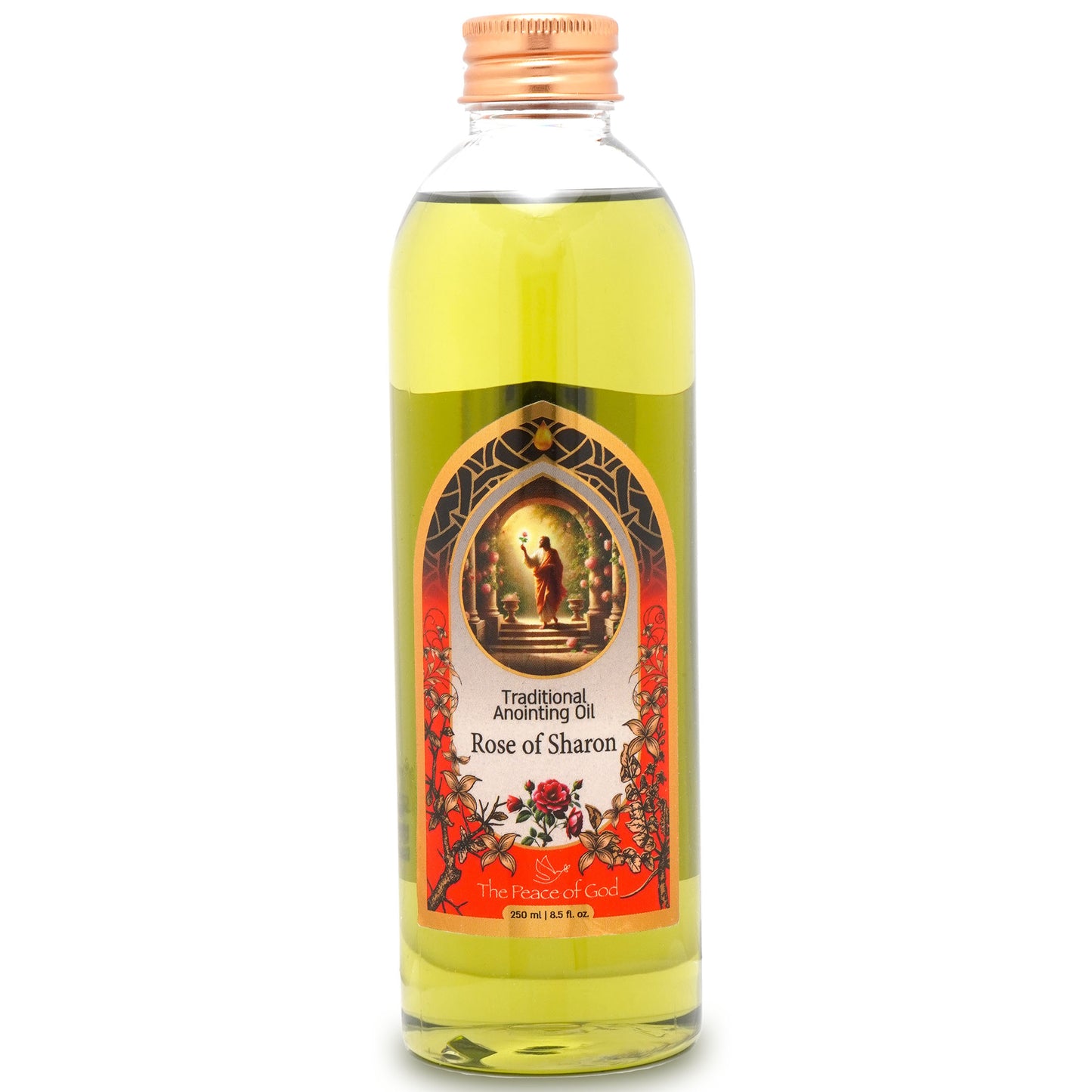 Traditional Rose of Sharon Anointing Oil from Holy Land, 250ml bottle with ornate label and golden cap