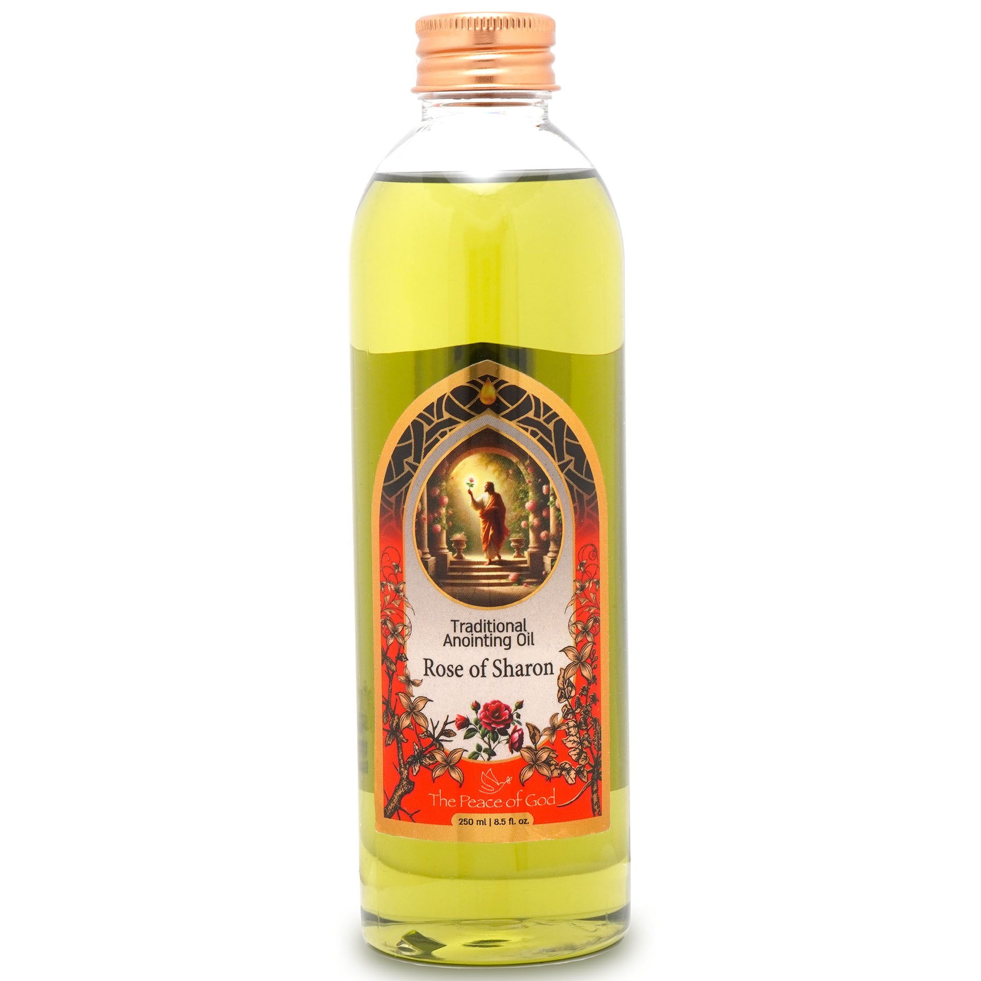 Traditional Rose of Sharon Anointing Oil from Holy Land, 250ml bottle with ornate label and golden cap