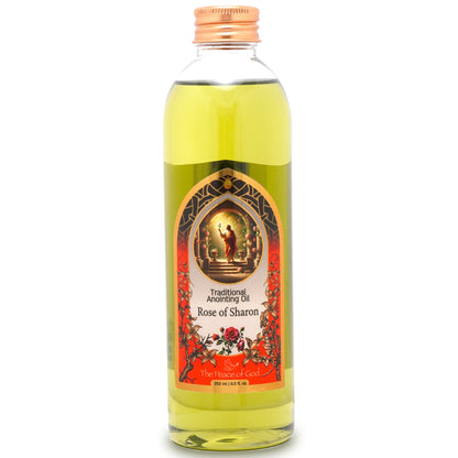 Traditional Rose of Sharon Anointing Oil from Holy Land, 250ml bottle with ornate label and golden cap