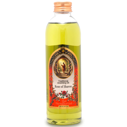 Traditional Rose of Sharon Anointing Oil from Holy Land, 250ml bottle with ornate label and golden cap
