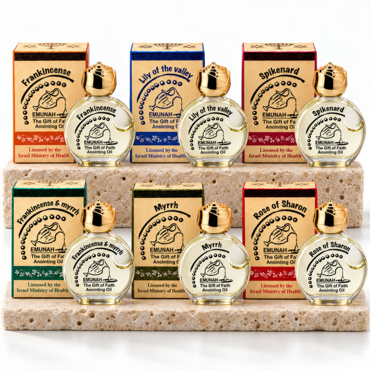 Six anointing oils from Jerusalem – Frankincense, Lily of the Valley, Spikenard, Frankincense & Myrrh, Myrrh, Rose of Sharon – with golden rose caps and gift boxes