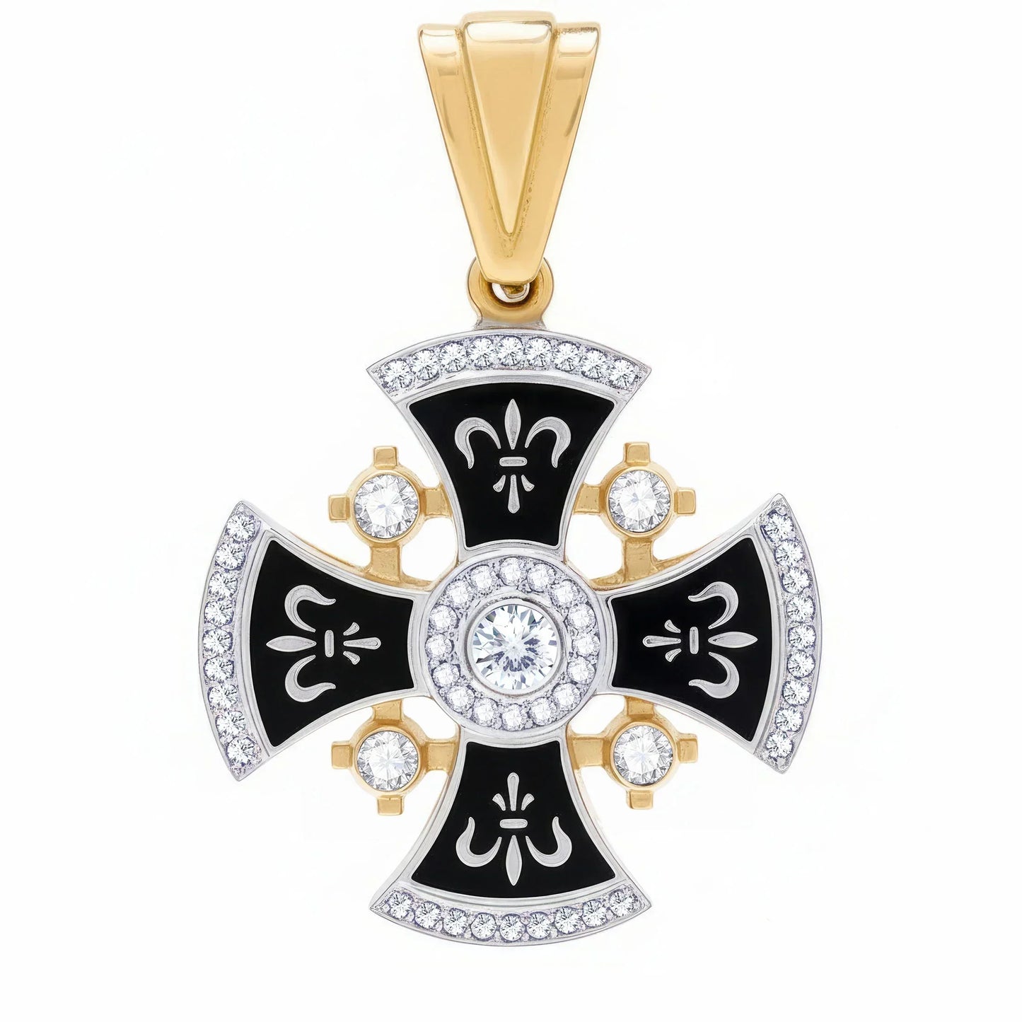 Diamond Jerusalem Cross 14K White & Yellow Gold 53 Diamonds and Black Enamel