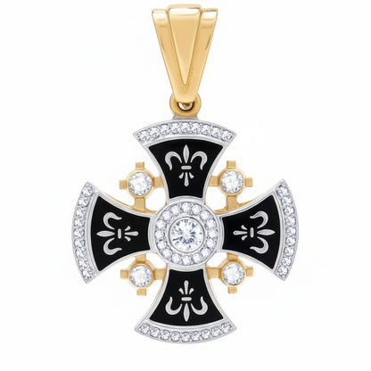 Diamond Jerusalem Cross 14K White & Yellow Gold 53 Diamonds and Black Enamel
