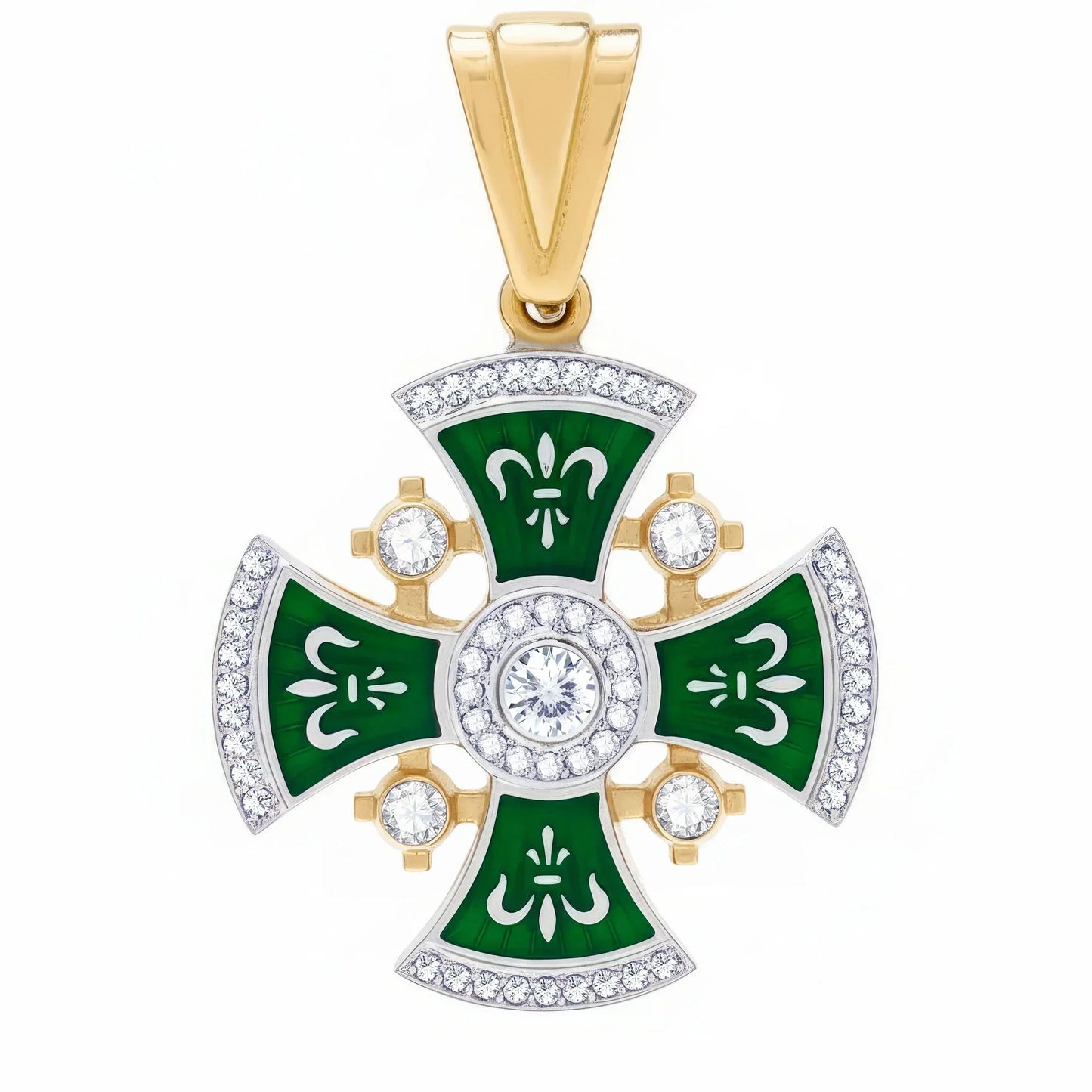 Diamond Jerusalem Cross 14K White & Yellow Gold 53 Diamonds and Green enamel