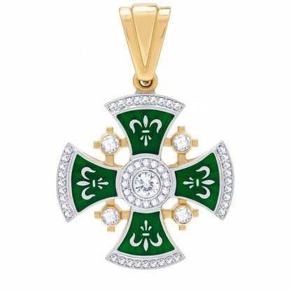 Diamond Jerusalem Cross 14K White & Yellow Gold 53 Diamonds and Green enamel