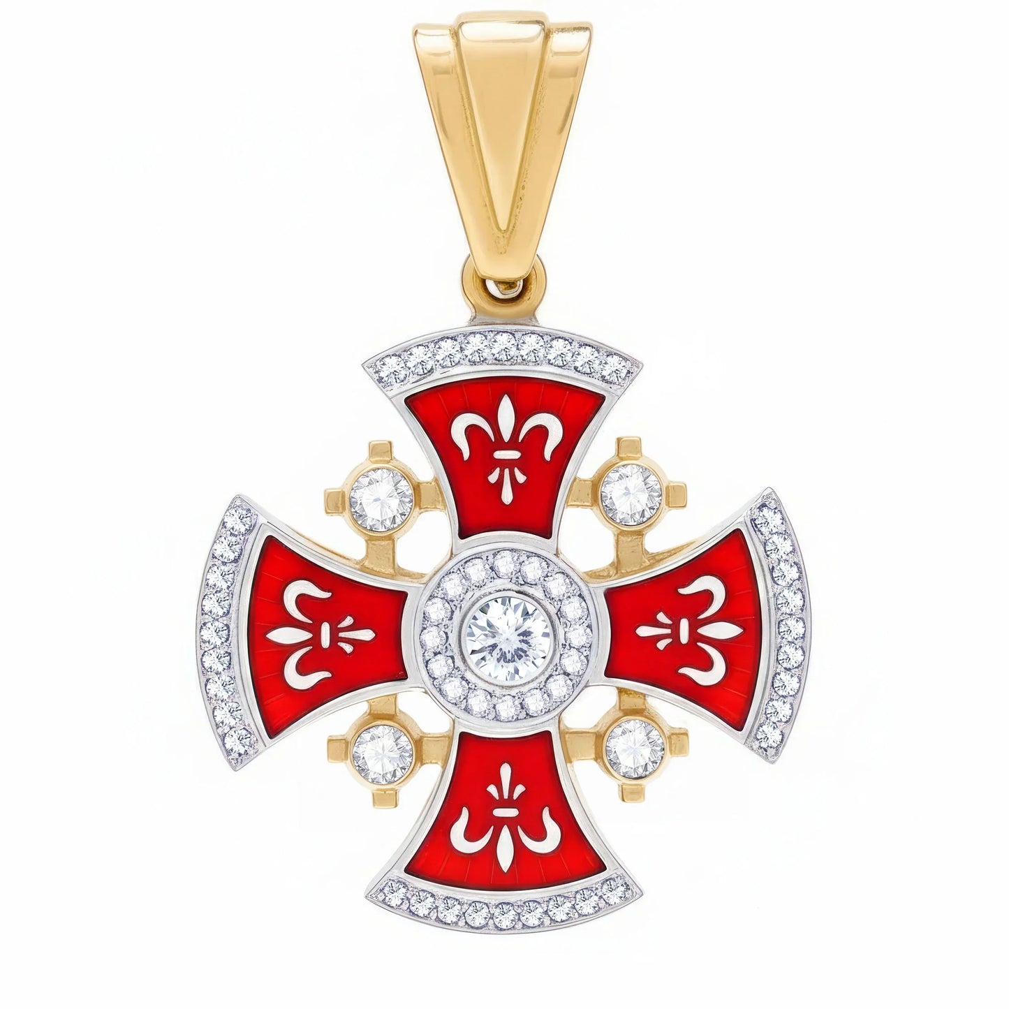 Diamond Jerusalem Cross 14K White & Yellow Gold 53 Diamonds and Red Enamel