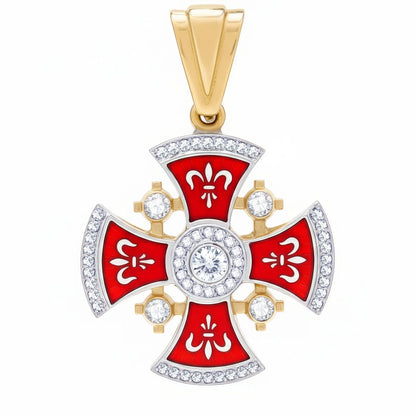 Diamond Jerusalem Cross 14K White & Yellow Gold 53 Diamonds and Red Enamel