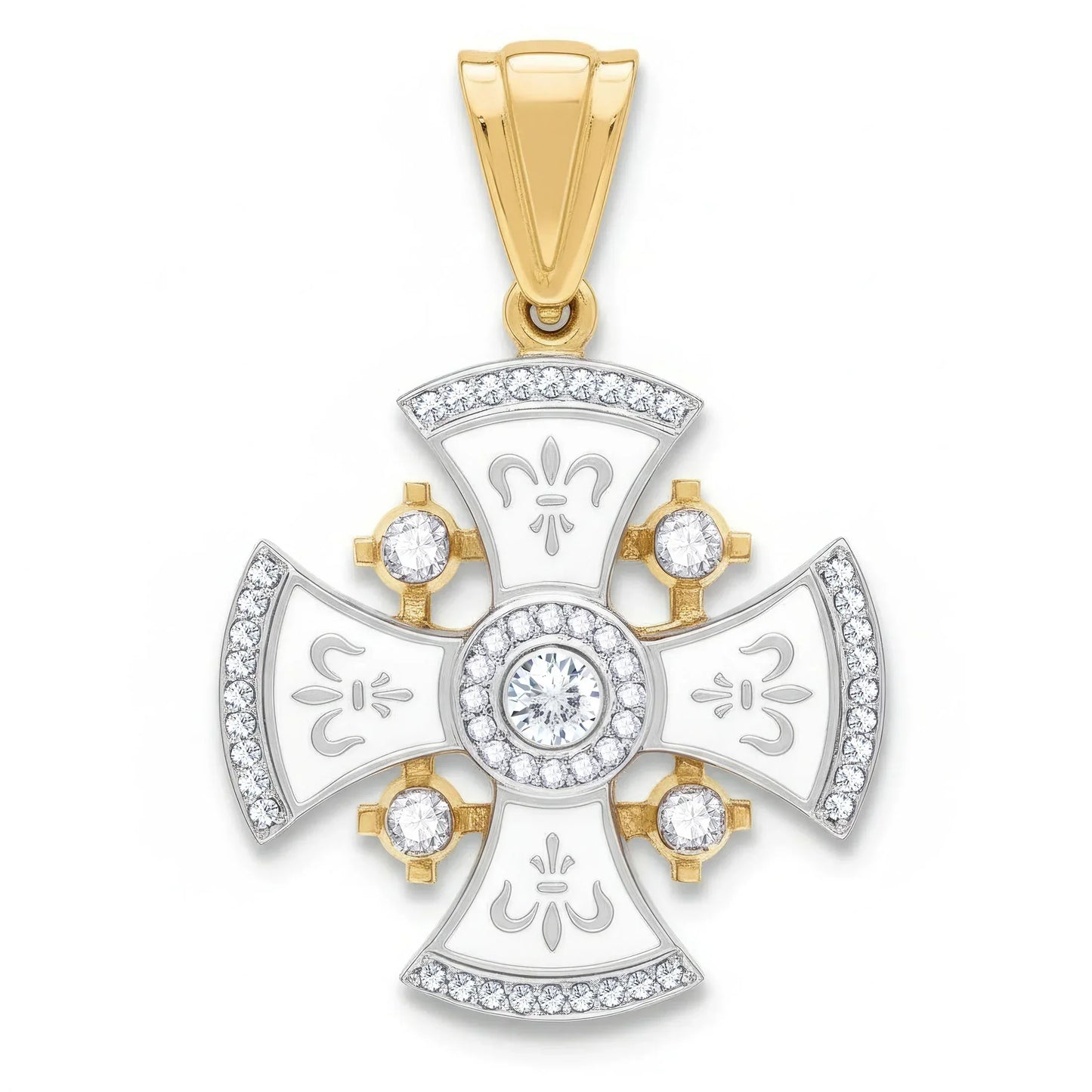 Diamond Jerusalem Cross 14K White & Yellow Gold 53 Diamonds and White Enamel