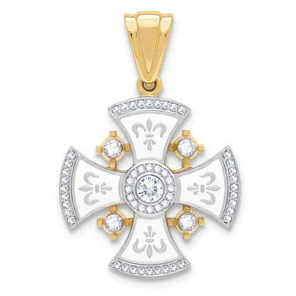 Diamond Jerusalem Cross 14K White & Yellow Gold 53 Diamonds and White Enamel