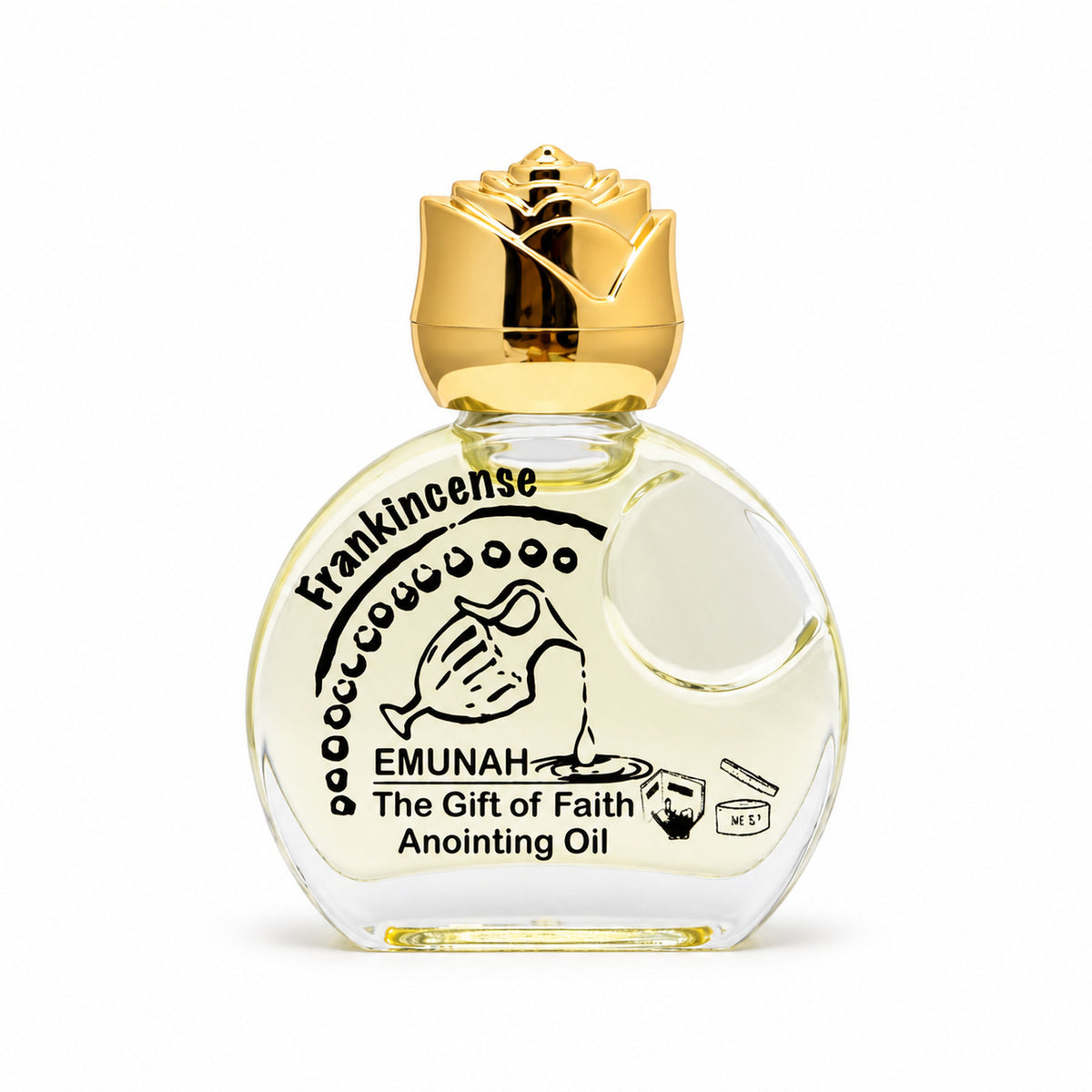 Frankincense anointing oil bottle with golden rose-shaped cap