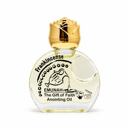 Frankincense anointing oil bottle with golden rose-shaped cap
