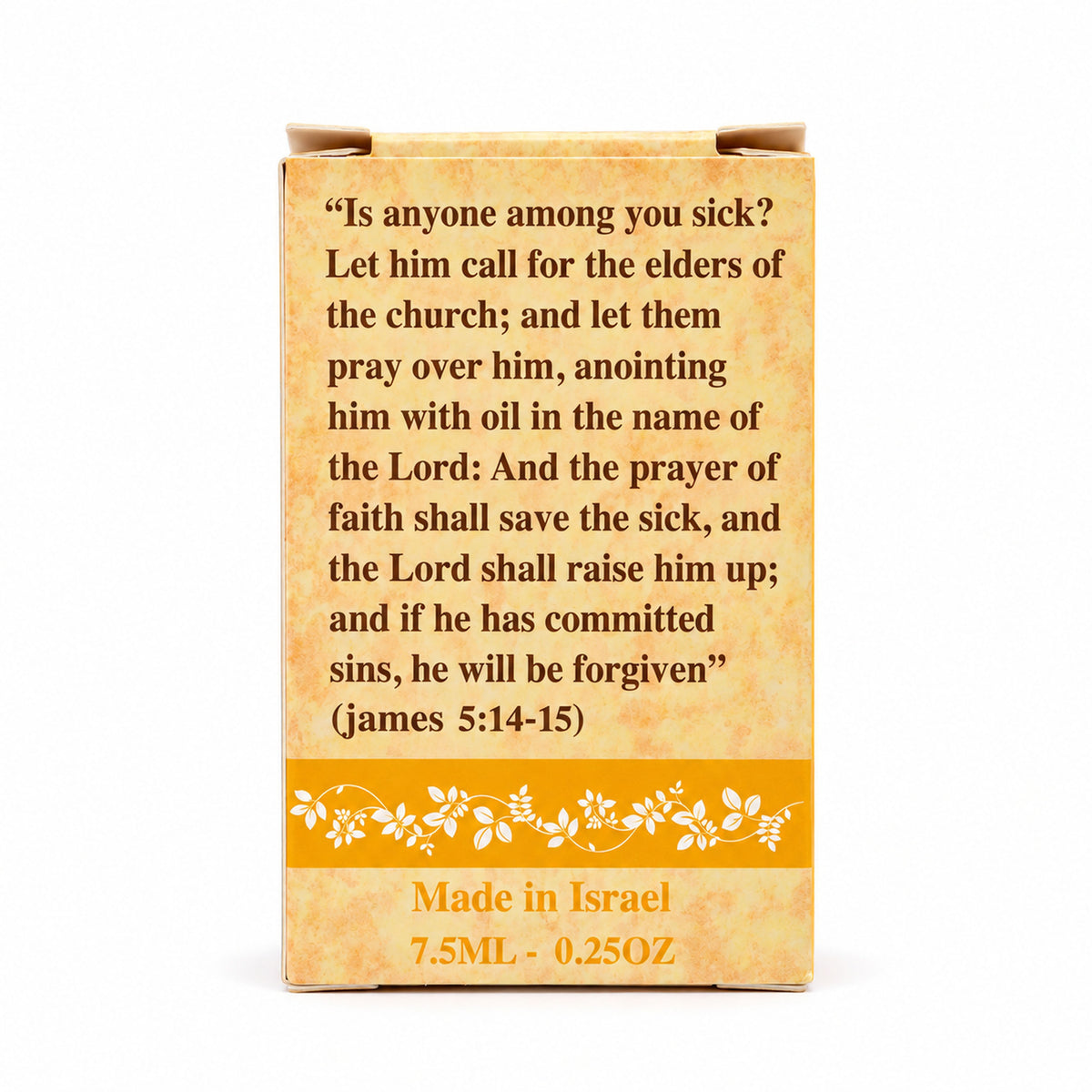 Back of Frankincense anointing oil box with James 5:14-15