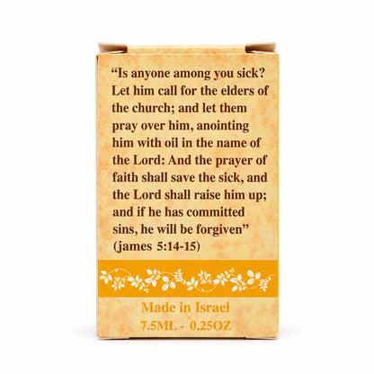 Back of Frankincense anointing oil box with James 5:14-15