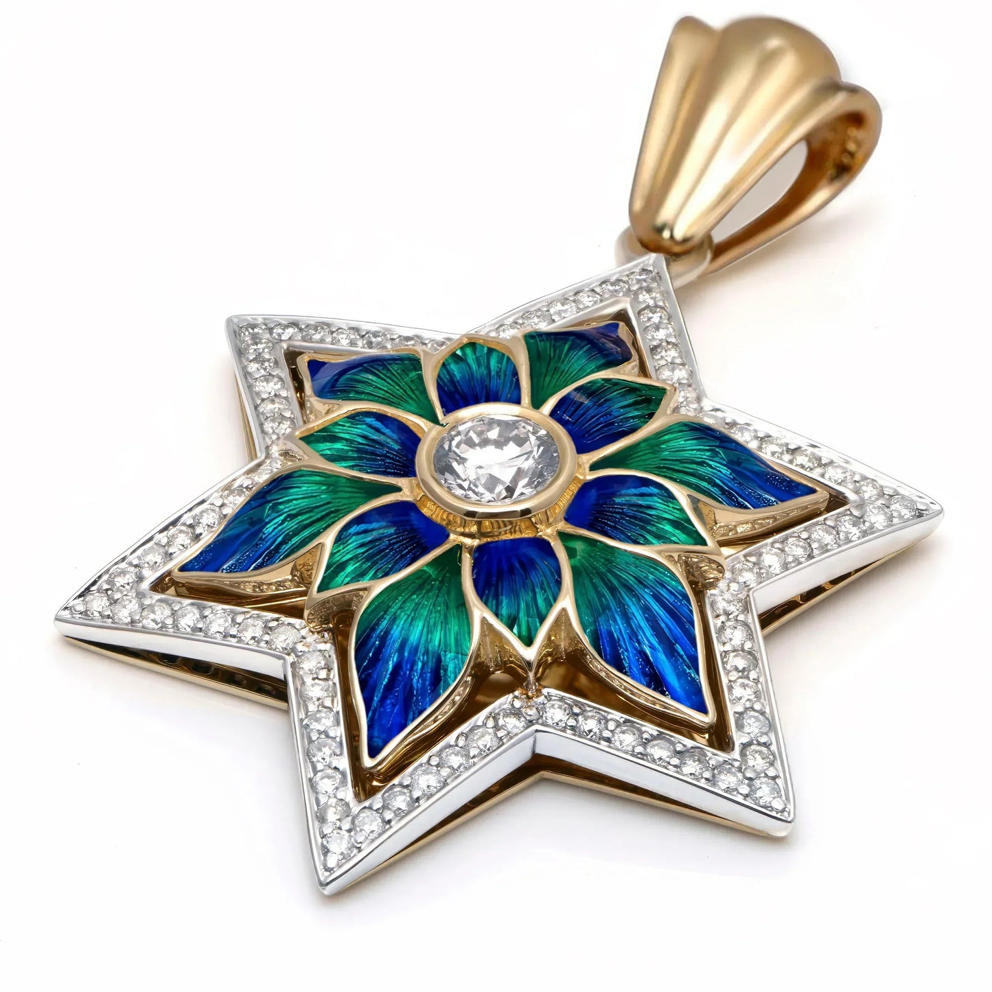 14K Gold Star of David Diamond and Enamel Pendant - Star of Eden Bloom