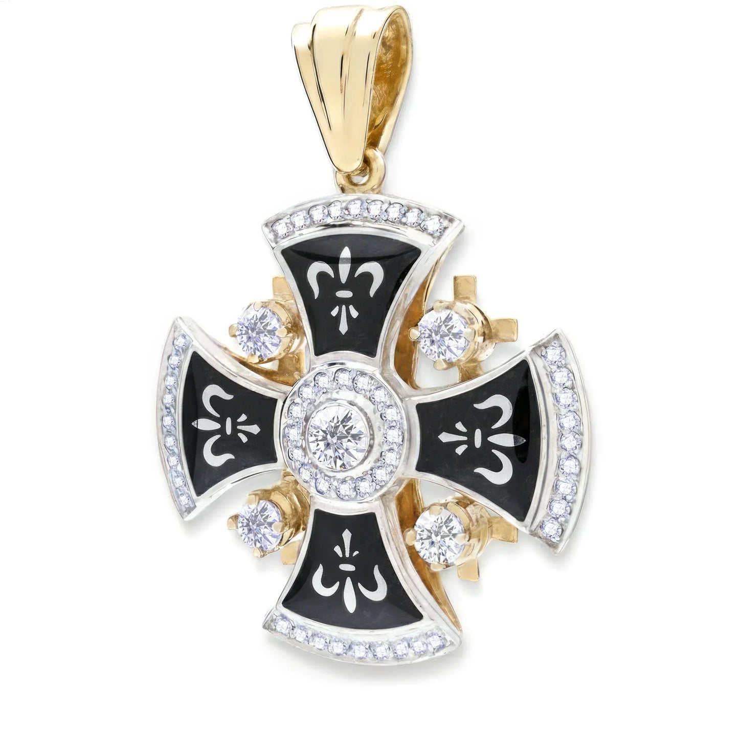 Jerusalem Cross 14K White & Yellow Gold 57 Diamonds and Black Enamel