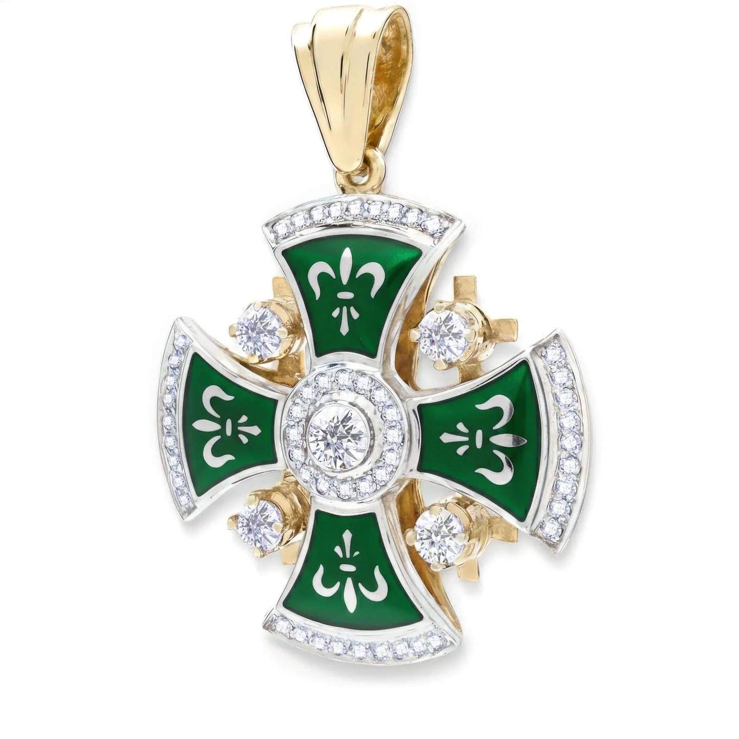 Jerusalem Cross 14K White & Yellow Gold 57 Diamonds and Green Enamel