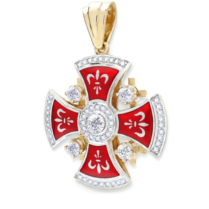 Jerusalem Cross 14K White & Yellow Gold 57 Diamonds and Red Enamel 