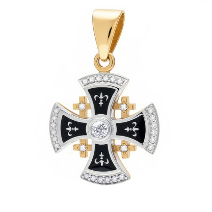 Jerusalem Cross Necklace 14K White & Yellow Gold 29 Diamonds and Black Enamel