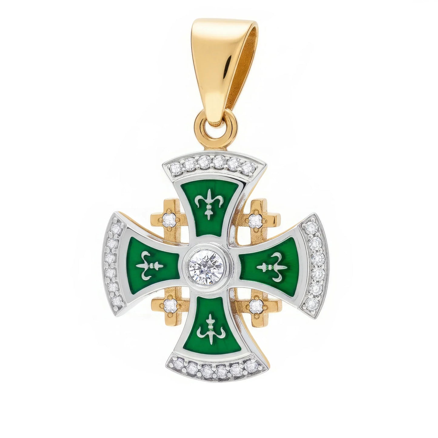 Jerusalem Cross Necklace 14K White & Yellow Gold 29 Diamonds and Green Enamel