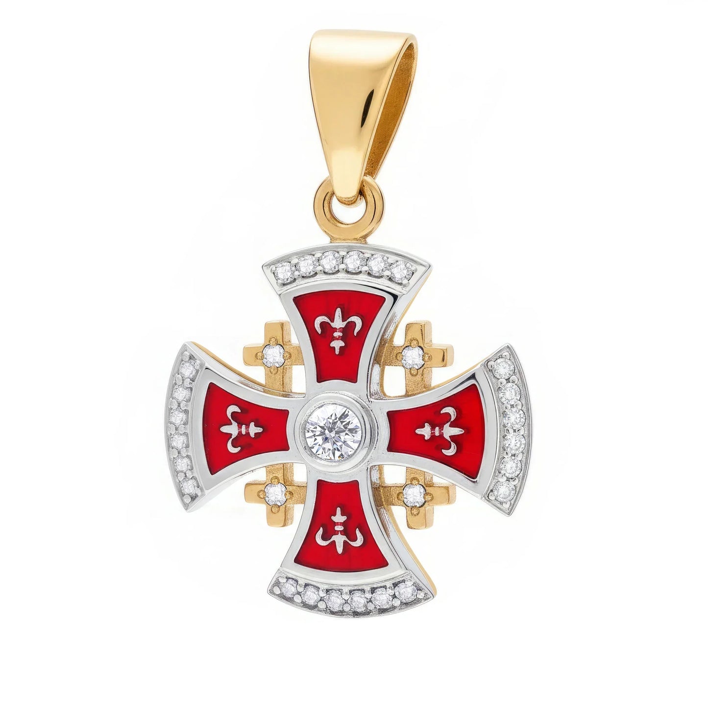 Jerusalem Cross Necklace 14K White & Yellow Gold 29 Diamonds and Red Enamel