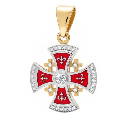 Jerusalem Cross Necklace 14K White & Yellow Gold 29 Diamonds and Red Enamel