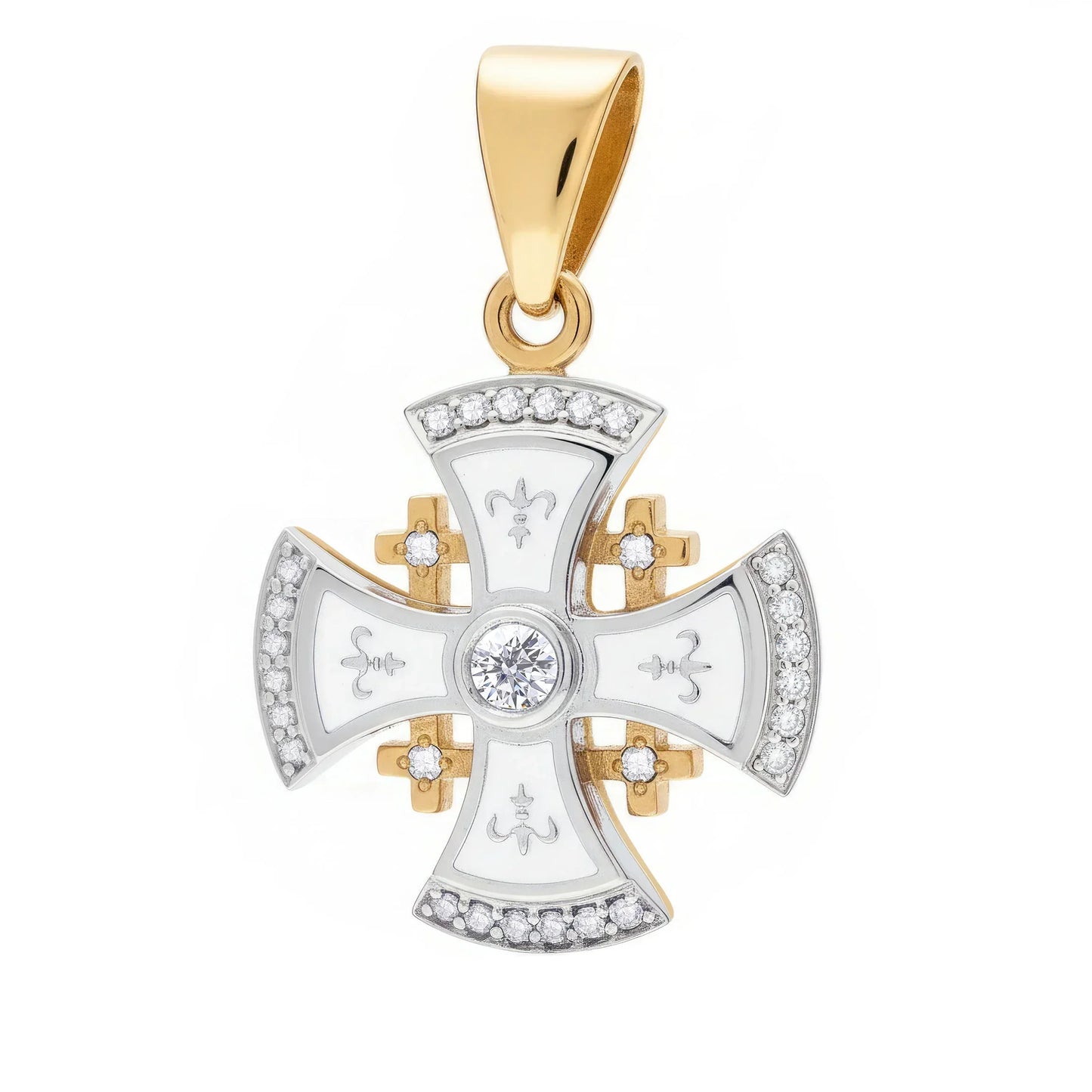 Jerusalem Cross Necklace 14K White & Yellow Gold 29 Diamonds and White Enamel