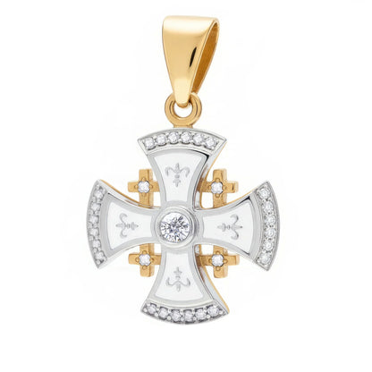 Jerusalem Cross Necklace 14K White & Yellow Gold 29 Diamonds and White Enamel