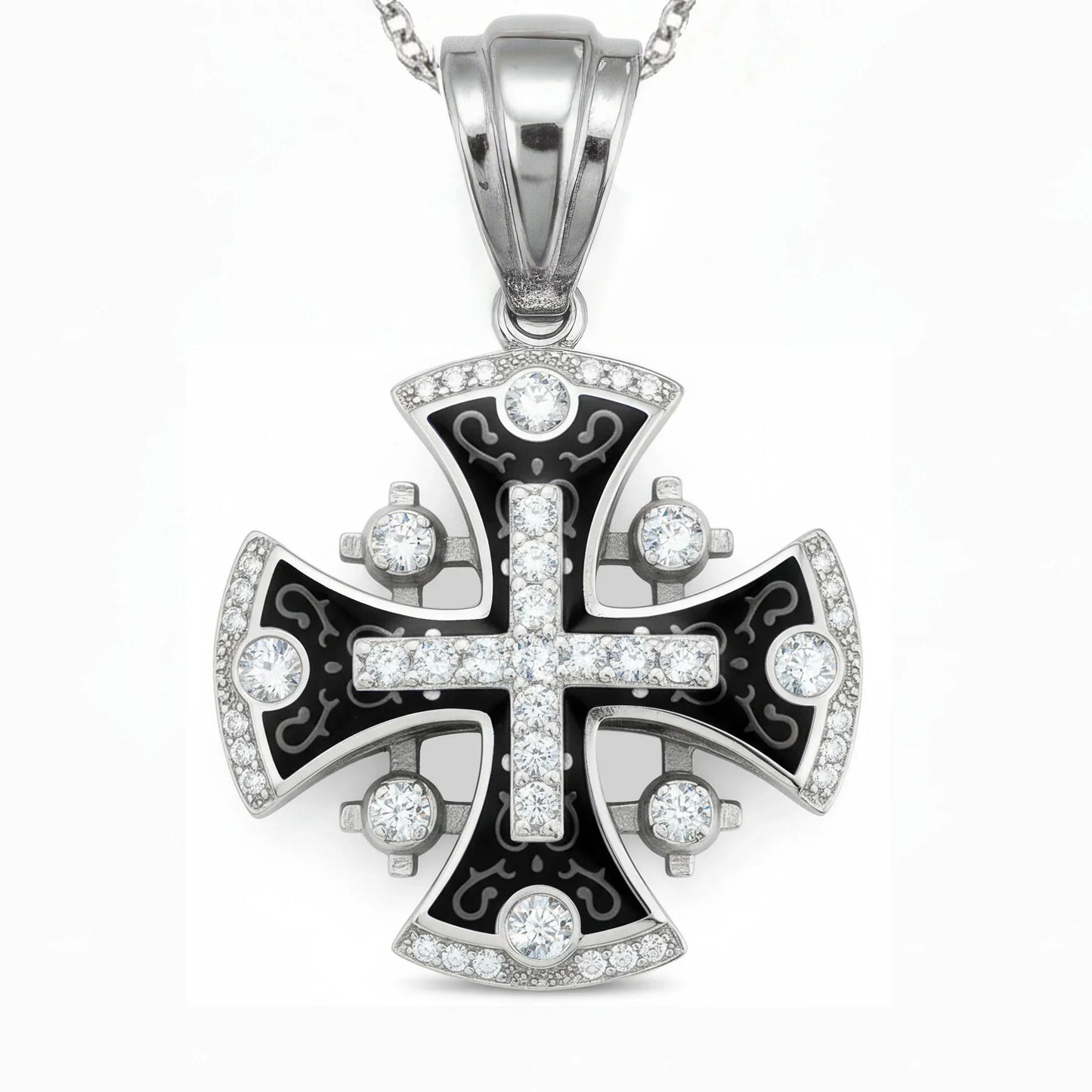 Jerusalem Cross Pendant 14k White Gold with 45 Diamonds and Black Enamel
