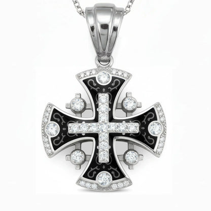 Jerusalem Cross Pendant 14k White Gold with 45 Diamonds and Black Enamel