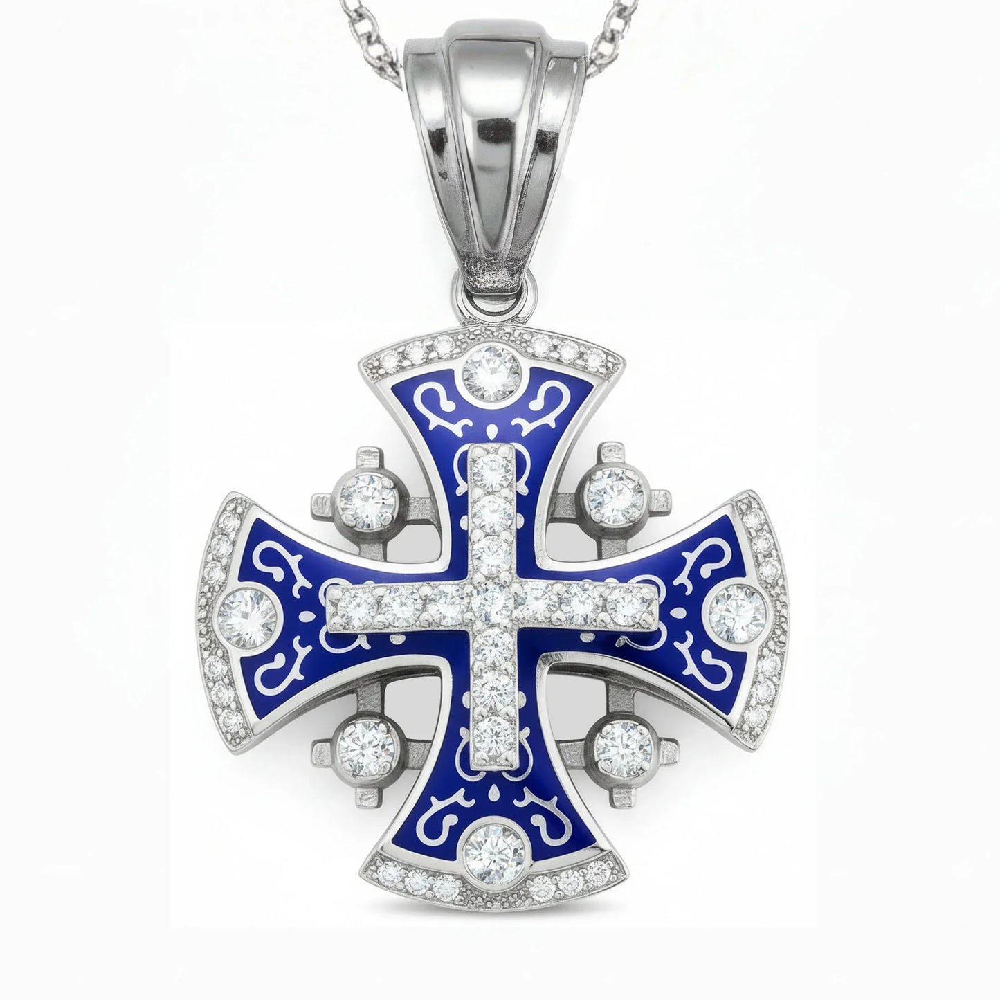 Jerusalem Cross Pendant 14k White Gold with 45 Diamonds and Blue Enamel