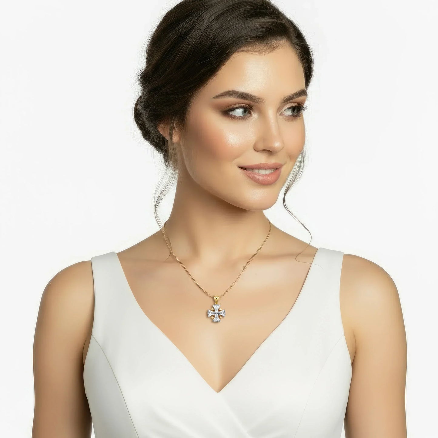 Jerusalem Cross Pendant 14k White Gold with 45 Diamonds and Enamel on Model