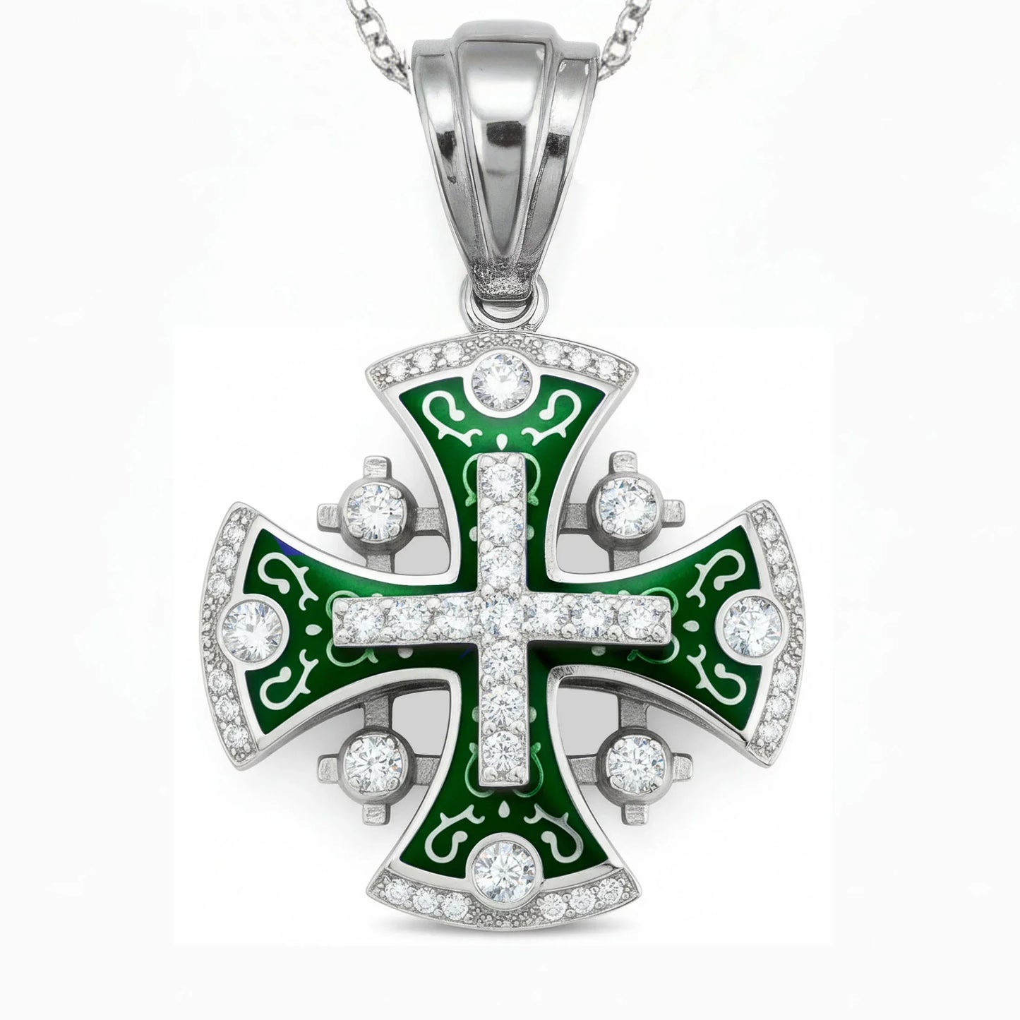 Jerusalem Cross Pendant 14k White Gold with 45 Diamonds and Green Enamel