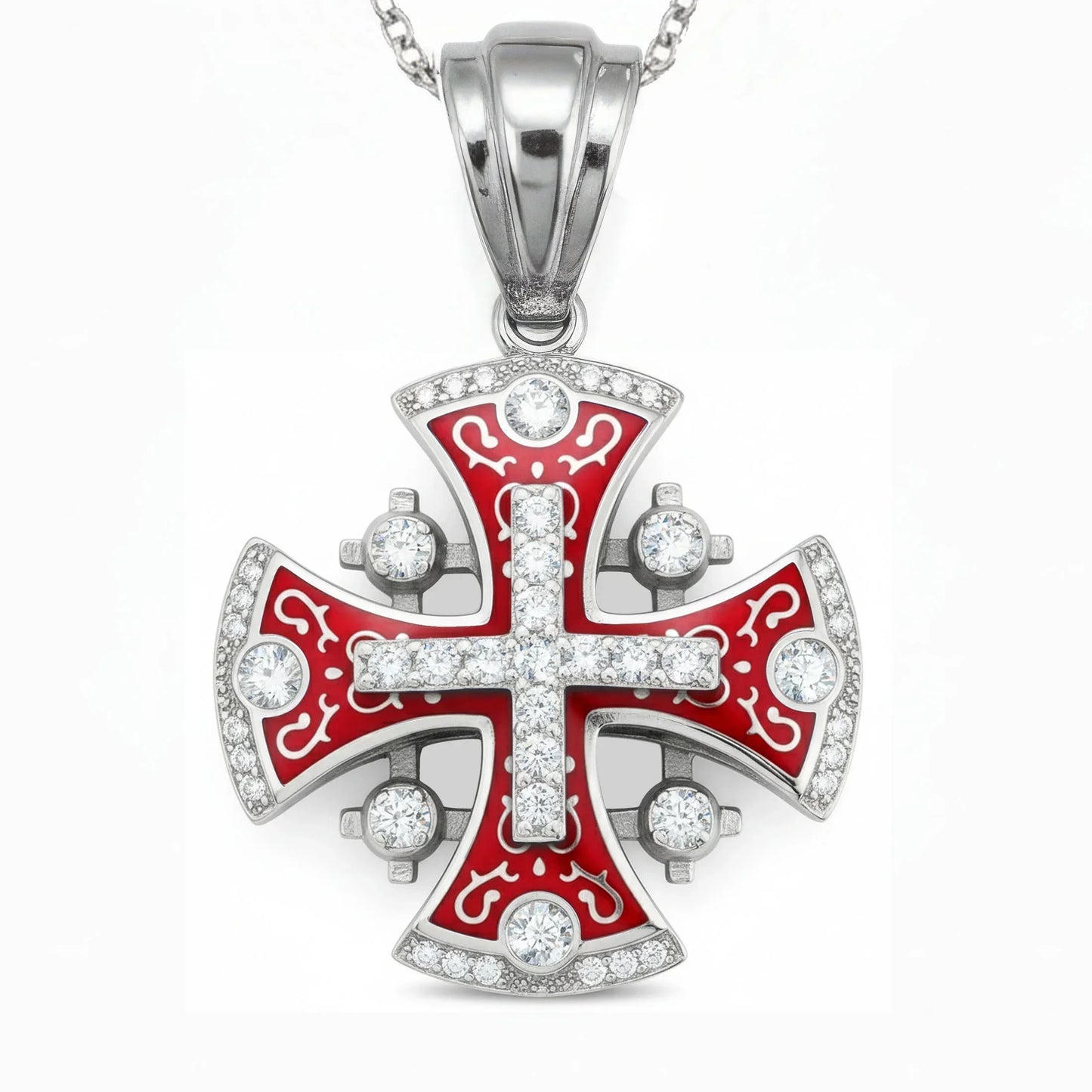 Jerusalem Cross Pendant 14k White Gold with 45 Diamonds and Red Enamel