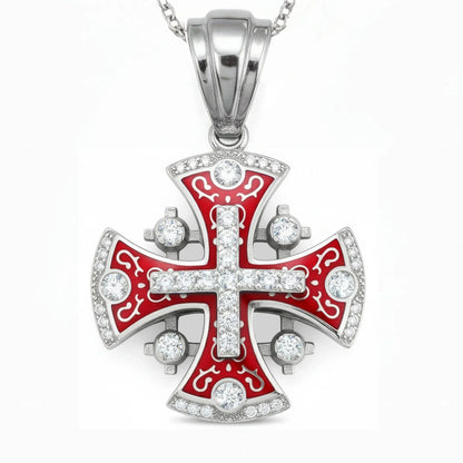Jerusalem Cross Pendant 14k White Gold with 45 Diamonds and Red Enamel