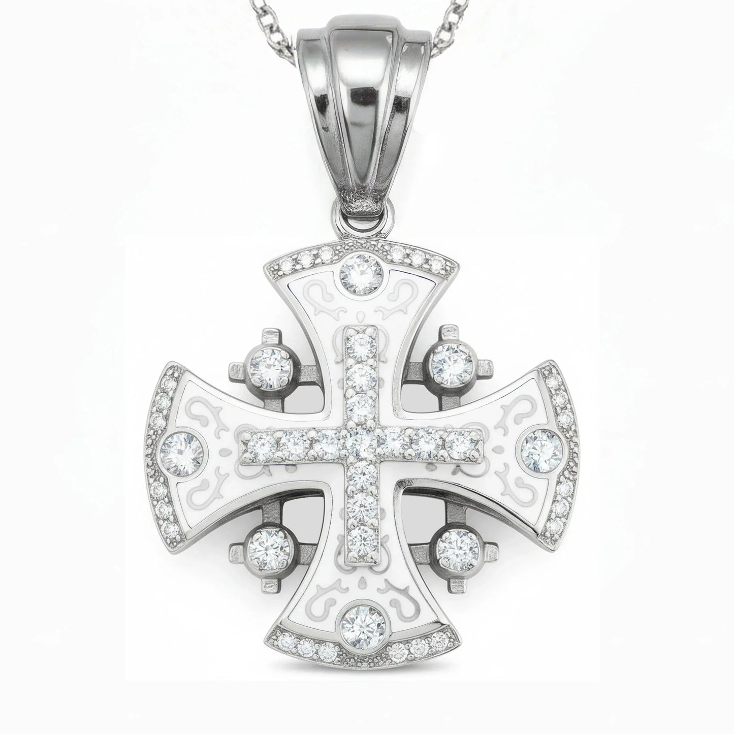 Jerusalem Cross Pendant 14k White Gold with 45 Diamonds and White Enamel