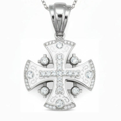 Jerusalem Cross Pendant 14k White Gold with 45 Diamonds and White Enamel