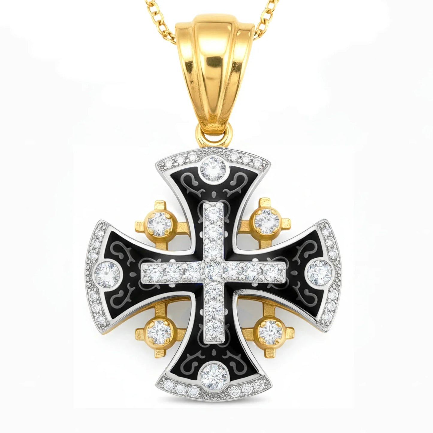 Jerusalem Cross Pendant 14k Yellow-White Gold with 45 Diamonds and Black Enamel