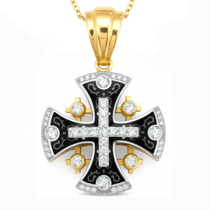 Jerusalem Cross Pendant 14k Yellow-White Gold with 45 Diamonds and Black Enamel