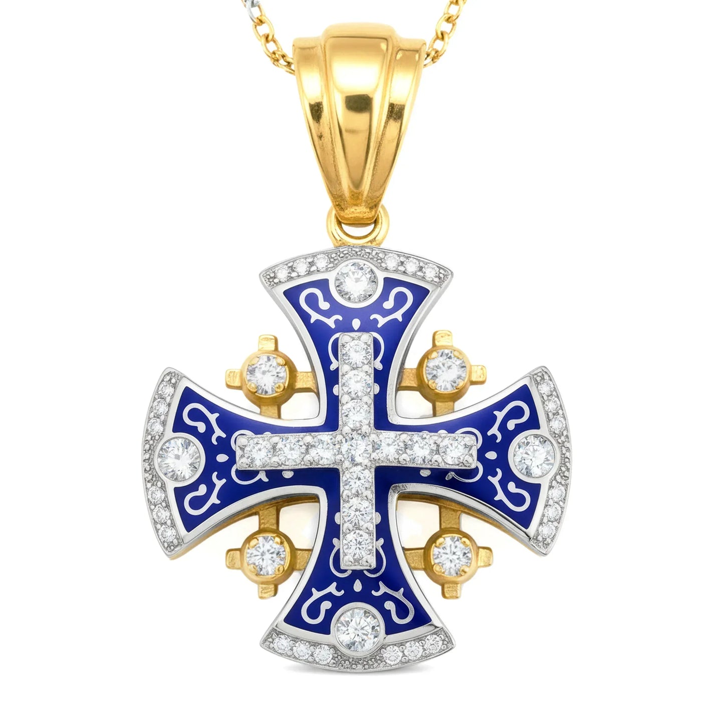 Jerusalem Cross Pendant 14k Yellow-White Gold with 45 Diamonds and Blue Enamel