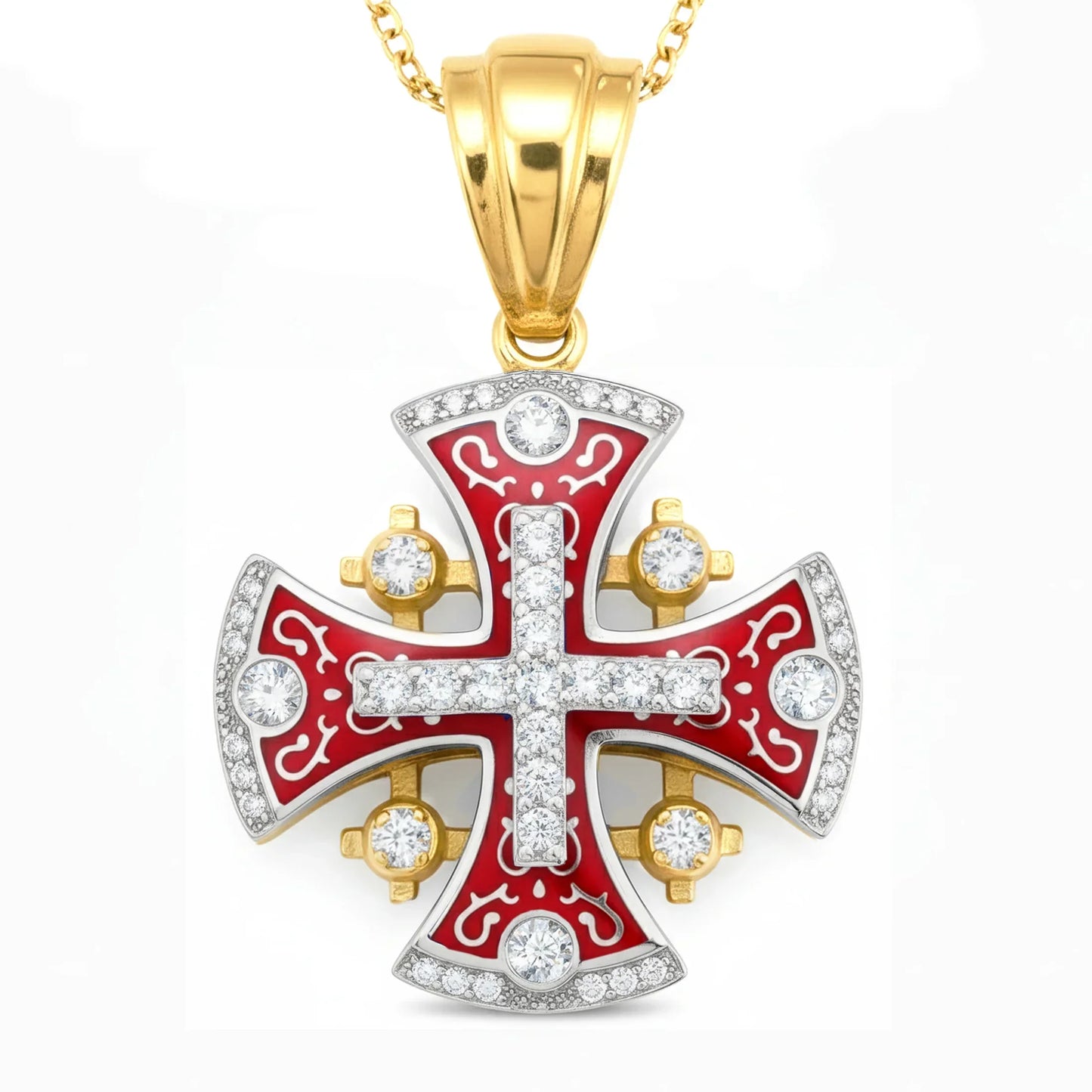 Jerusalem Cross Pendant 14k Yellow-White Gold with 45 Diamonds and Red Enamel