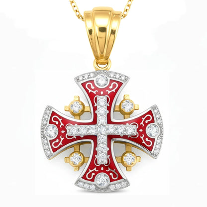 Jerusalem Cross Pendant 14k Yellow-White Gold with 45 Diamonds and Red Enamel